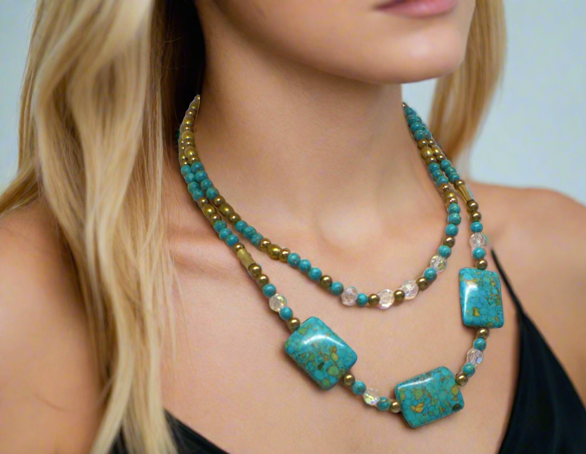 Lovely Blue Mosaic Turquoise, and Austrian Crystal, Two-strand, Forever Beaded Necklace-crafted by Artistry Jewelry
