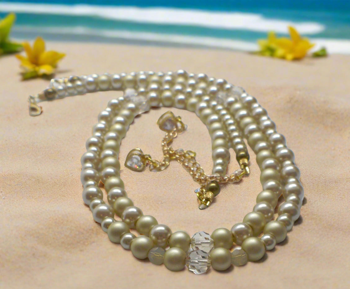 Radiant Crystal and Beige Matt Beads, Two-strand Beaded Necklace