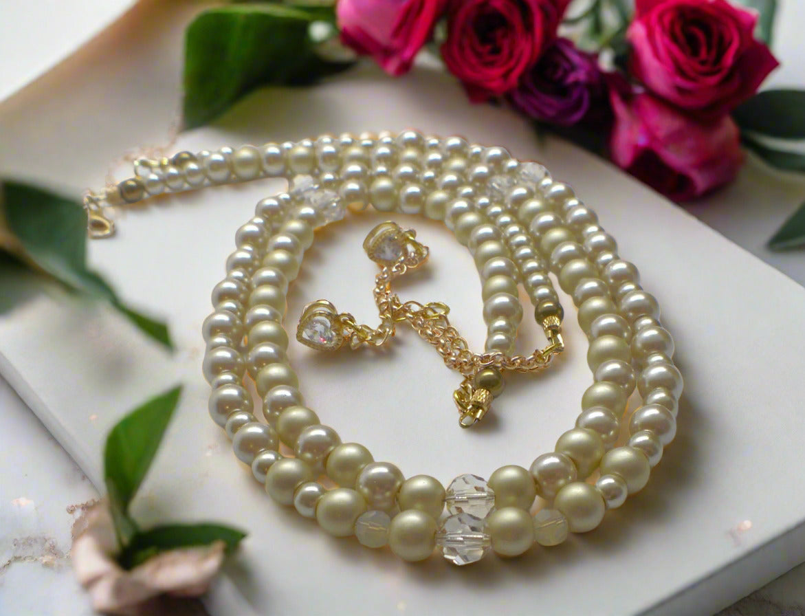 Radiant Crystal and Beige Matt Beads, Two-strand Beaded Necklace