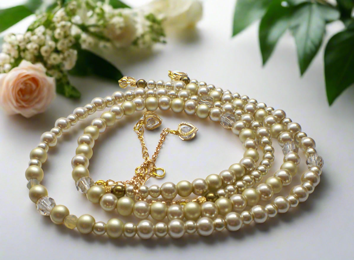 Radiant Crystal and Beige Matt Beads, Two-strand Beaded Necklace
