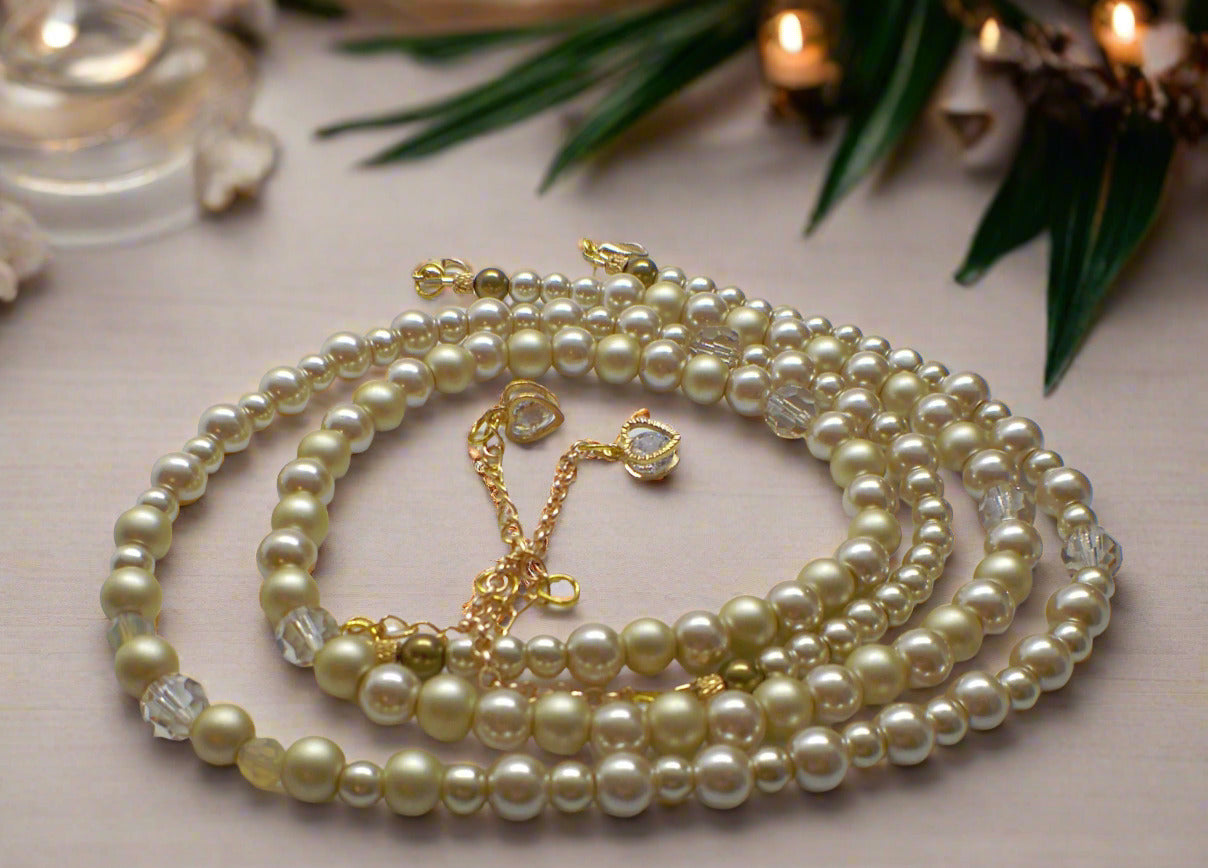 Radiant Crystal and Beige Matt Beads, Two-strand Beaded Necklace
