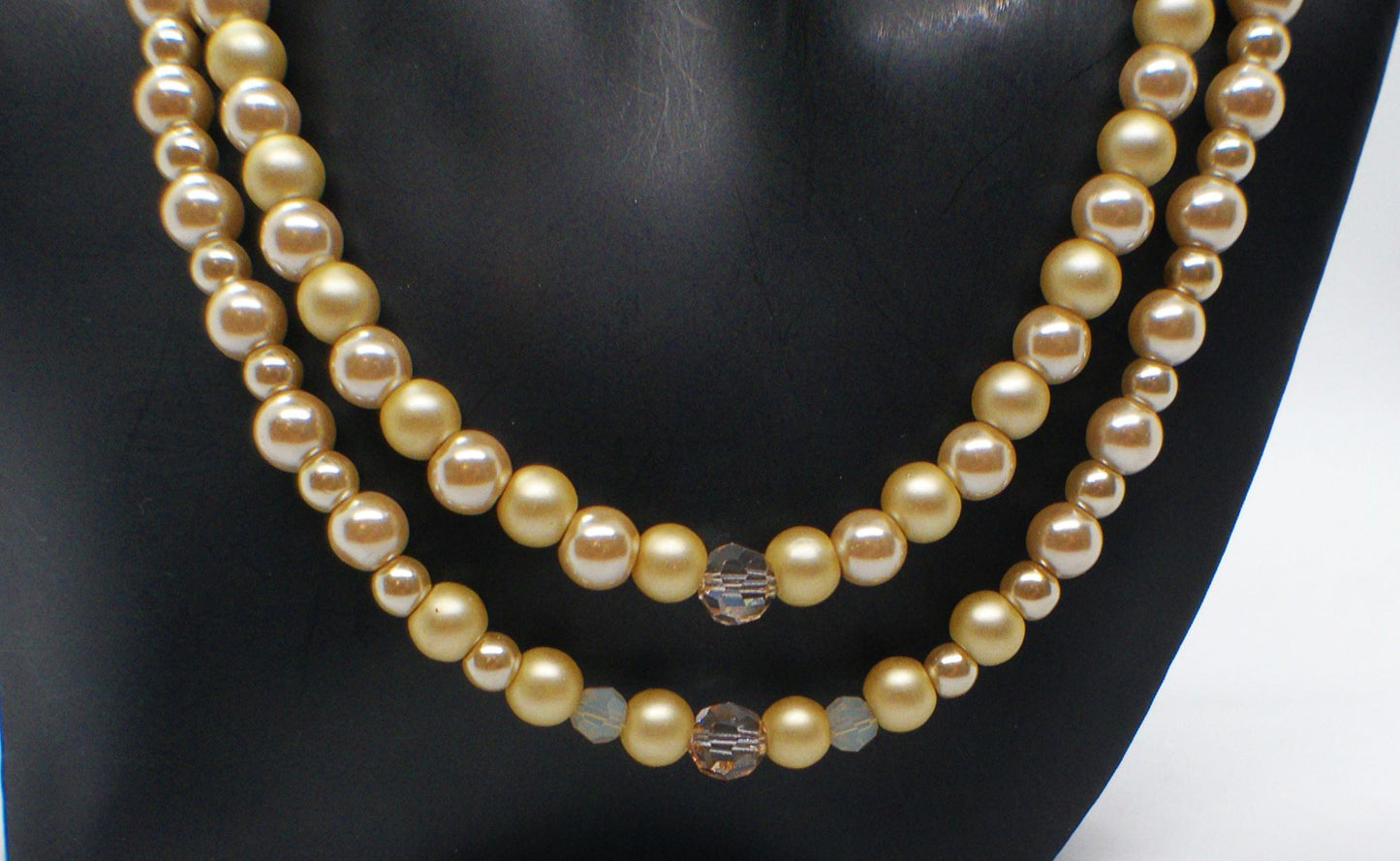 Radiant Crystal and Beige Matt Beads, Two-strand Beaded Necklace