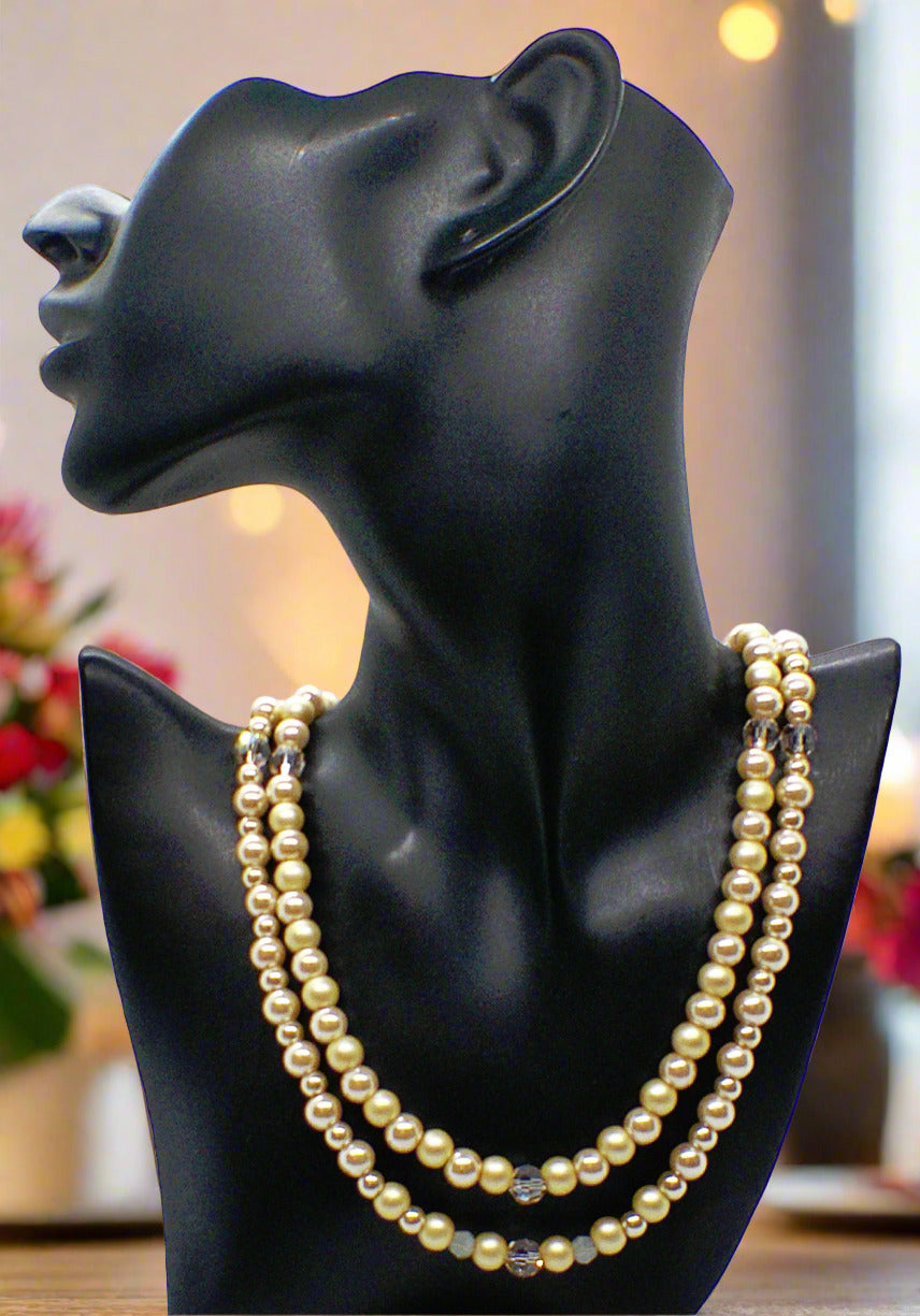 Radiant Crystal and Beige Matt Beads, Two-strand Beaded Necklace