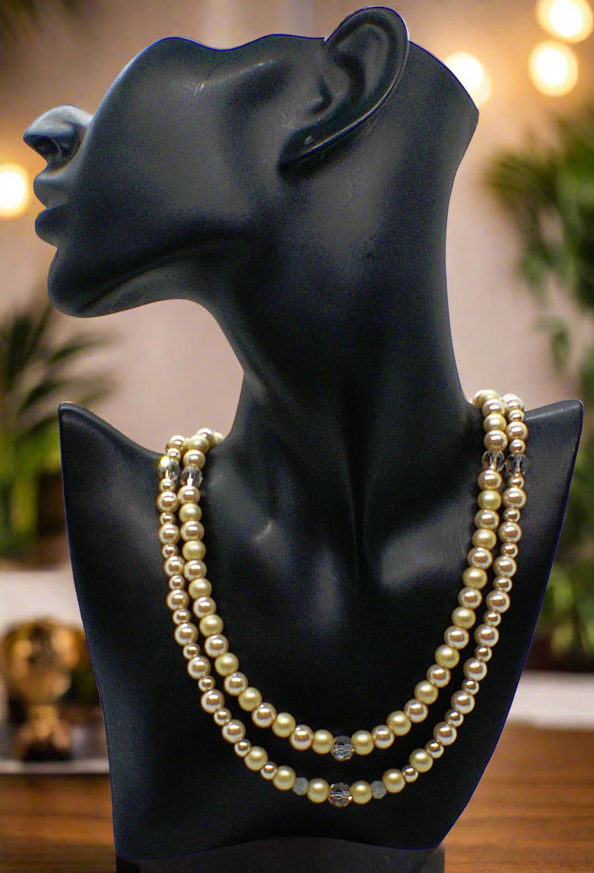 Radiant Crystal and Beige Matt Beads, Two-strand Beaded Necklace