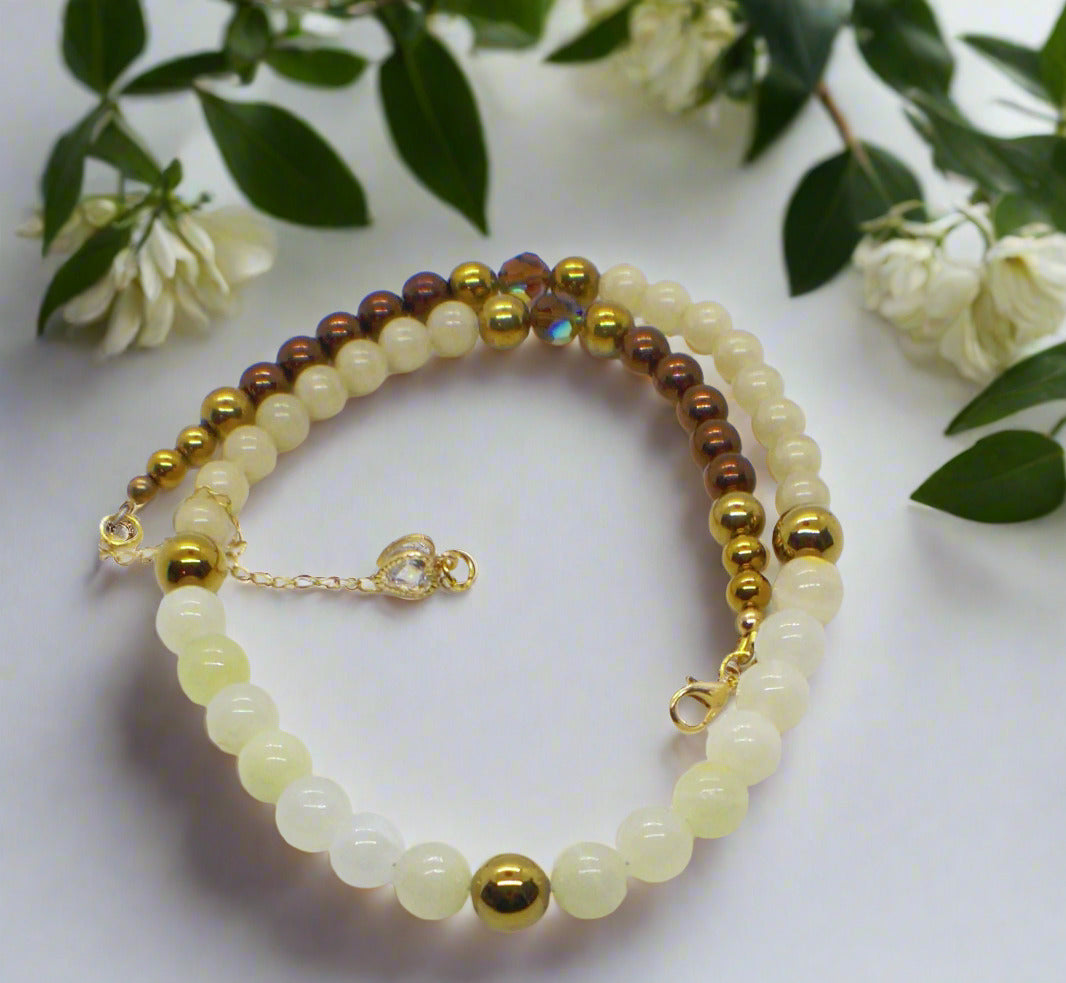 Elegant Ivory and Brown, Czech Crystal, and Gold Hematite Beaded Necklace Set, One-of-a-Kind, handcrafted by Artistry Jewelry