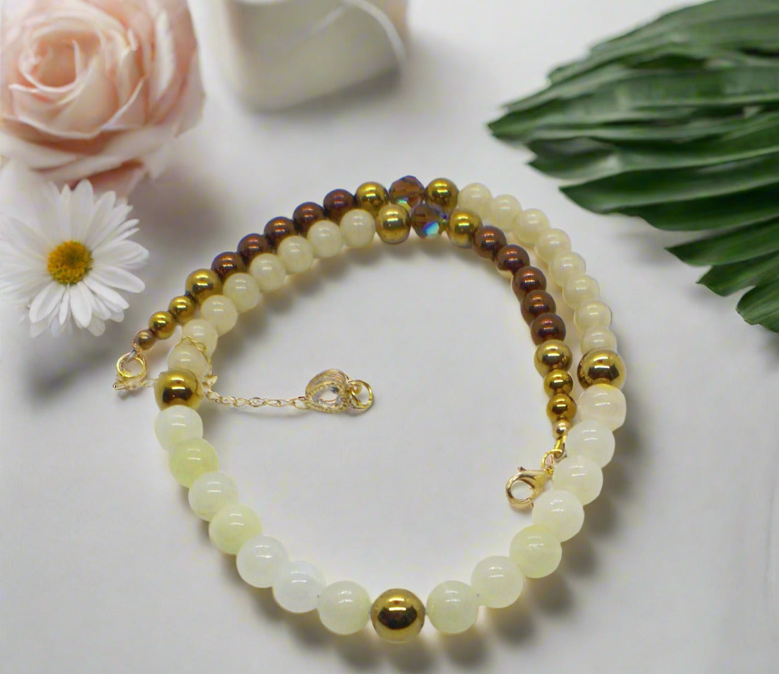 Elegant Ivory and Brown, Czech Crystal, and Gold Hematite Beaded Necklace Set, One-of-a-Kind, handcrafted by Artistry Jewelry