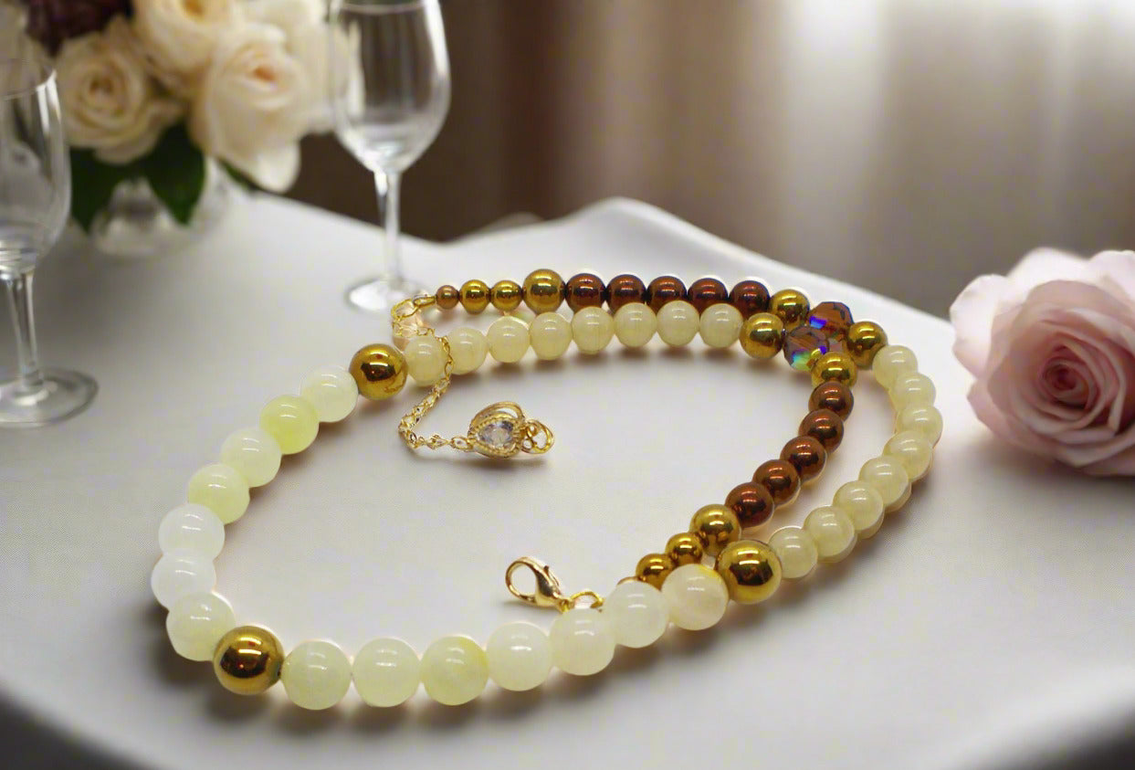 Elegant Ivory and Brown, Czech Crystal, and Gold Hematite Beaded Necklace Set, One-of-a-Kind, handcrafted by Artistry Jewelry