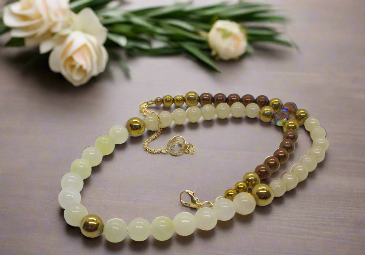 Elegant Ivory and Brown, Czech Crystal, and Gold Hematite Beaded Necklace Set, One-of-a-Kind, handcrafted by Artistry Jewelry