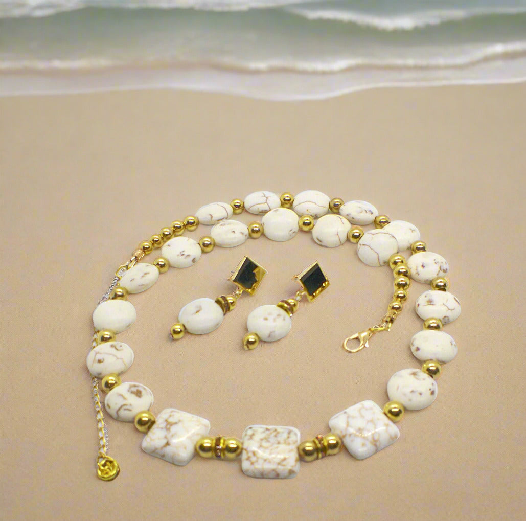 Enticing White Magnesite and Gold Beaded Necklace Set