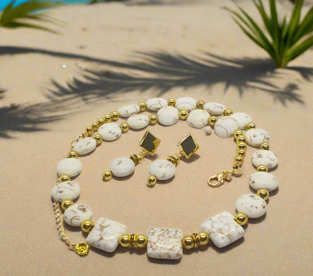 Enticing White Magnesite and Gold Beaded Necklace Set