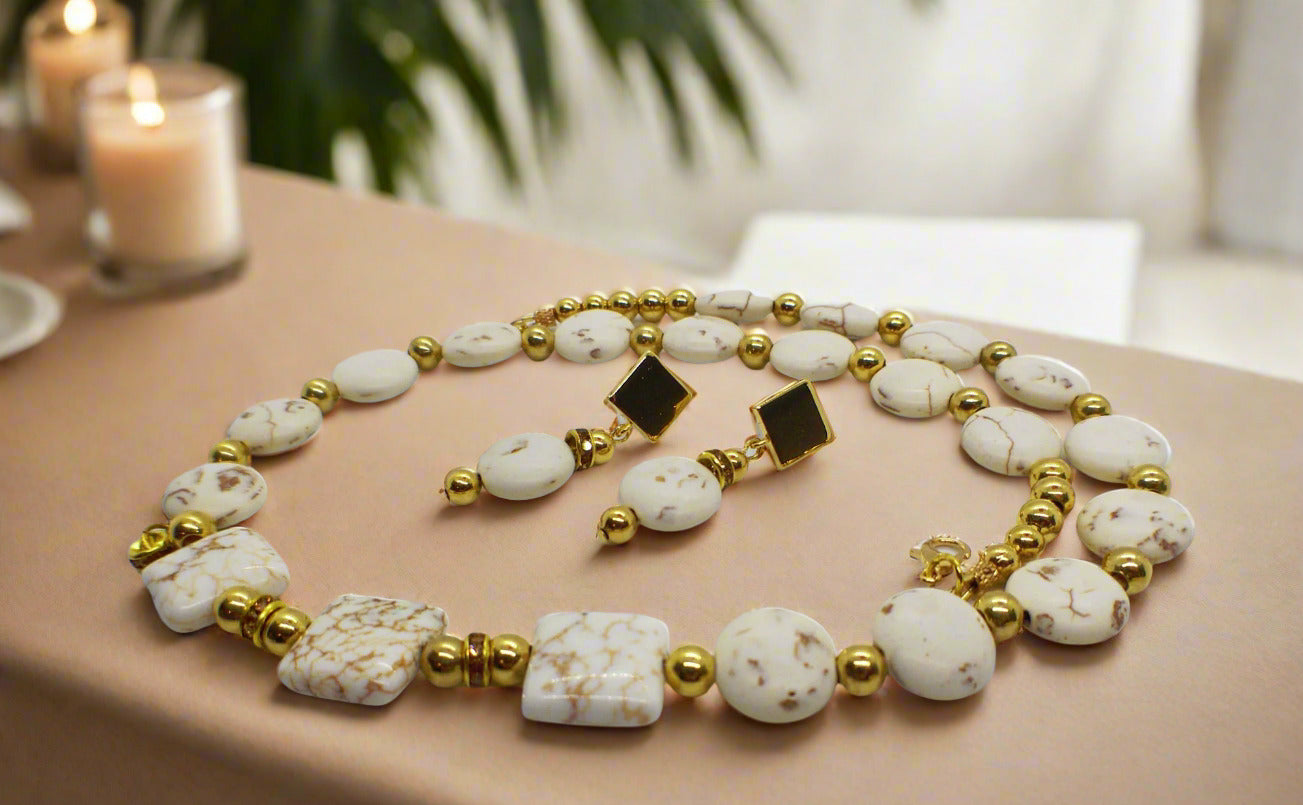 Enticing White Magnesite and Gold Beaded Necklace Set