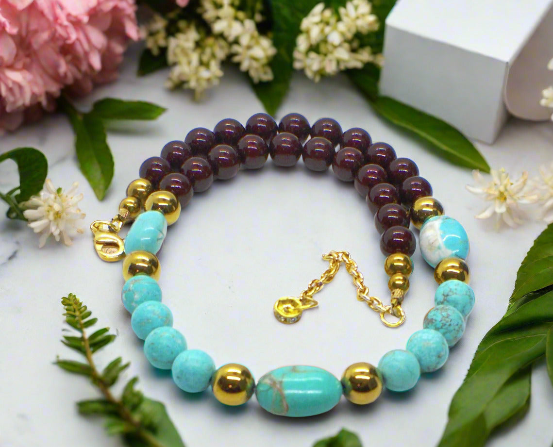 Gorgeous Pearl Maroon beads, Natural Matte Turquoise, Crystal, and Hematite, Beaded Necklace-crafted by Artistry Jewelry