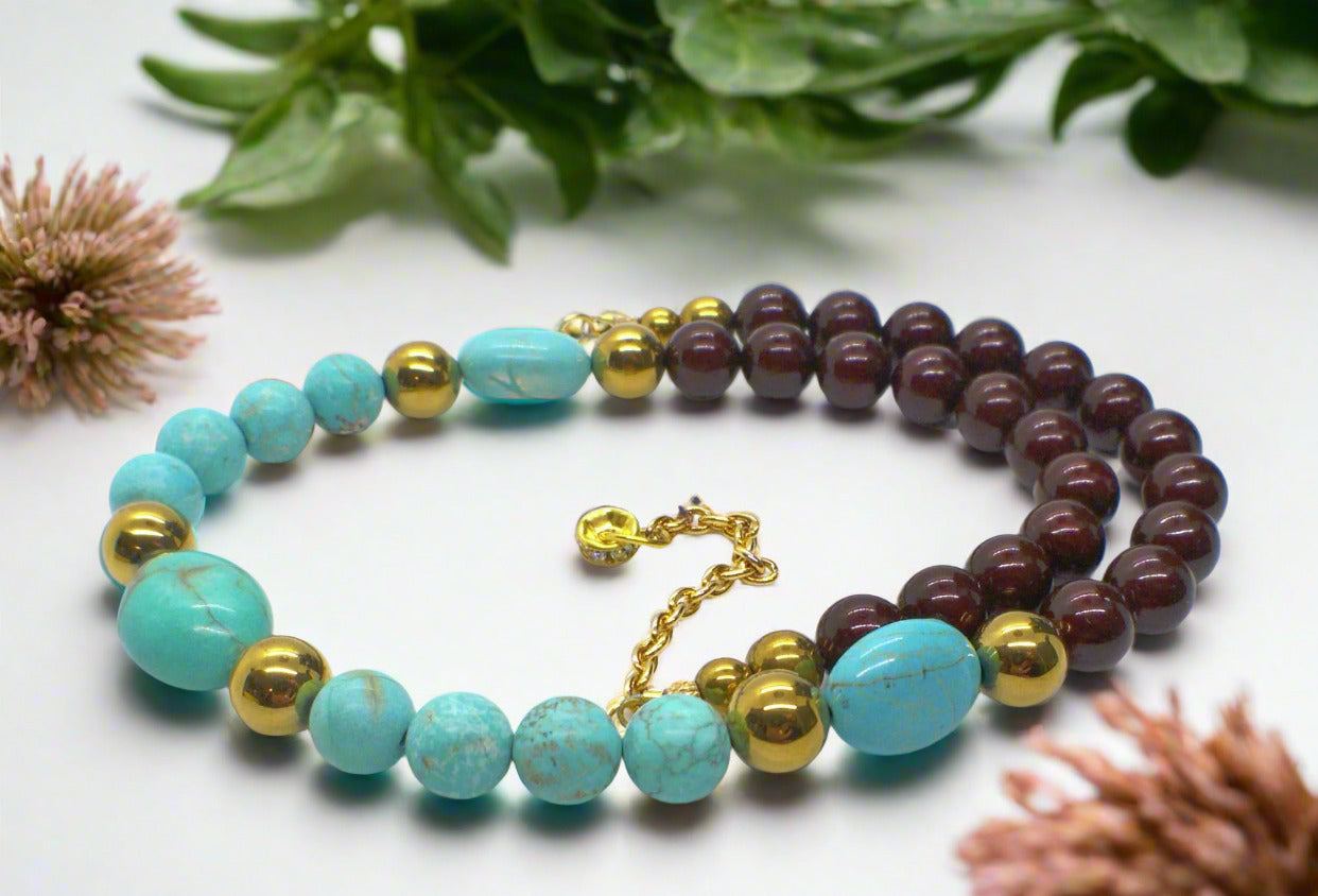 Gorgeous Pearl Maroon beads, Natural Matte Turquoise, Crystal, and Hematite, Beaded Necklace-crafted by Artistry Jewelry