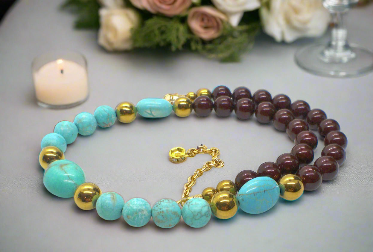 Gorgeous Pearl Maroon beads, Natural Matte Turquoise, Crystal, and Hematite, Beaded Necklace-crafted by Artistry Jewelry