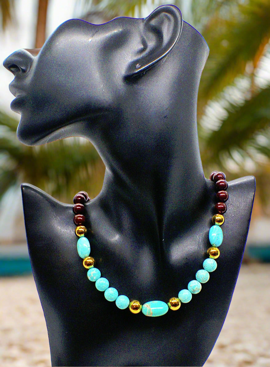 Gorgeous Pearl Maroon beads, Natural Matte Turquoise, Crystal, and Hematite, Beaded Necklace-crafted by Artistry Jewelry