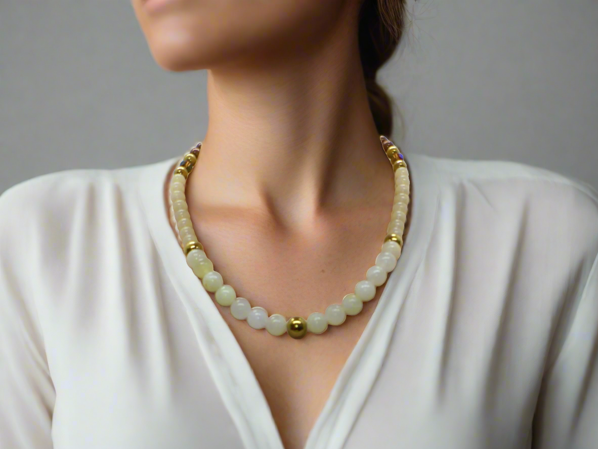 Elegant Ivory and Brown, Czech Crystal, and Gold Hematite Beaded Necklace Set, One-of-a-Kind, handcrafted by Artistry Jewelry