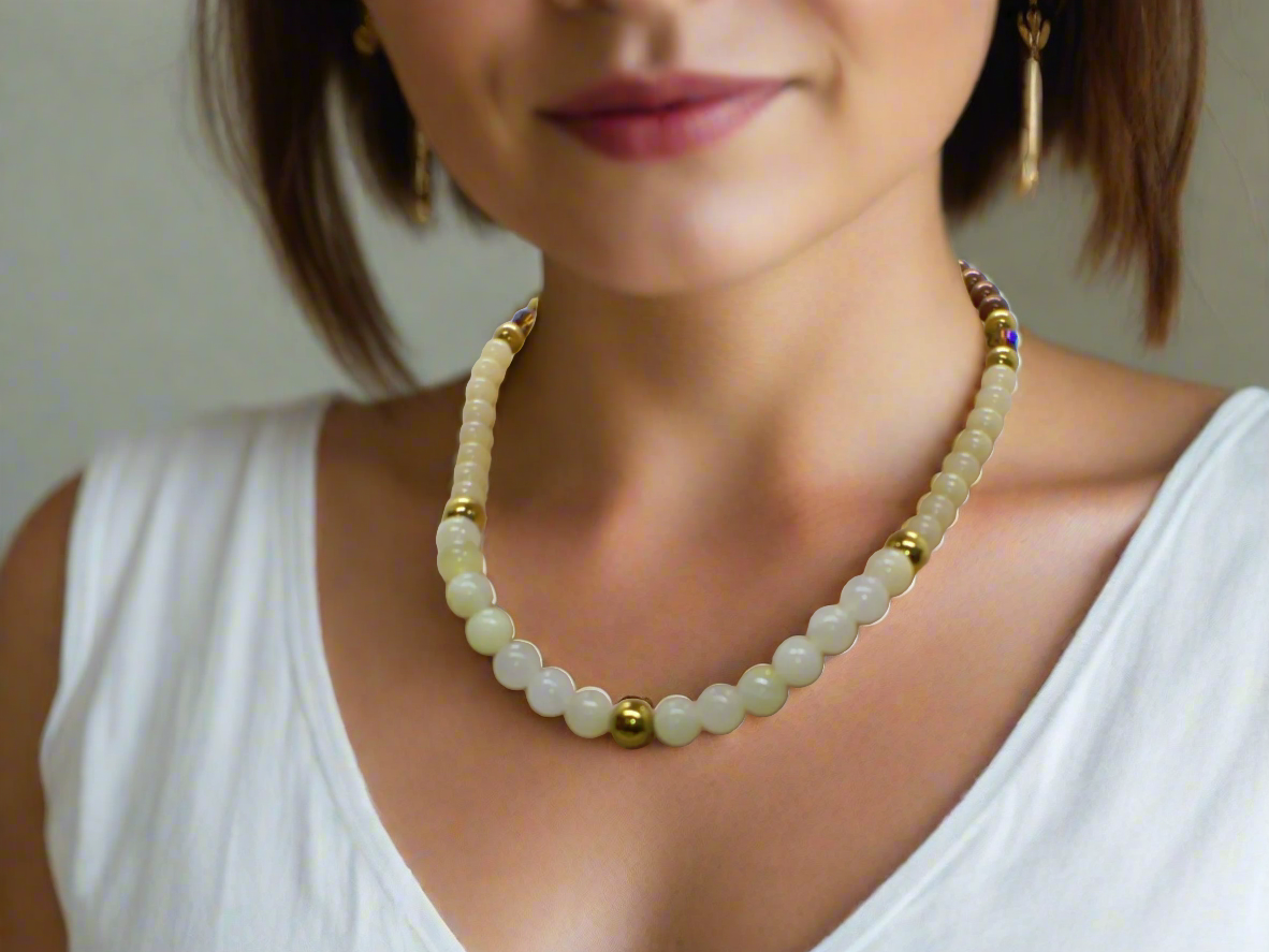 Elegant Ivory and Brown, Czech Crystal, and Gold Hematite Beaded Necklace Set, One-of-a-Kind, handcrafted by Artistry Jewelry