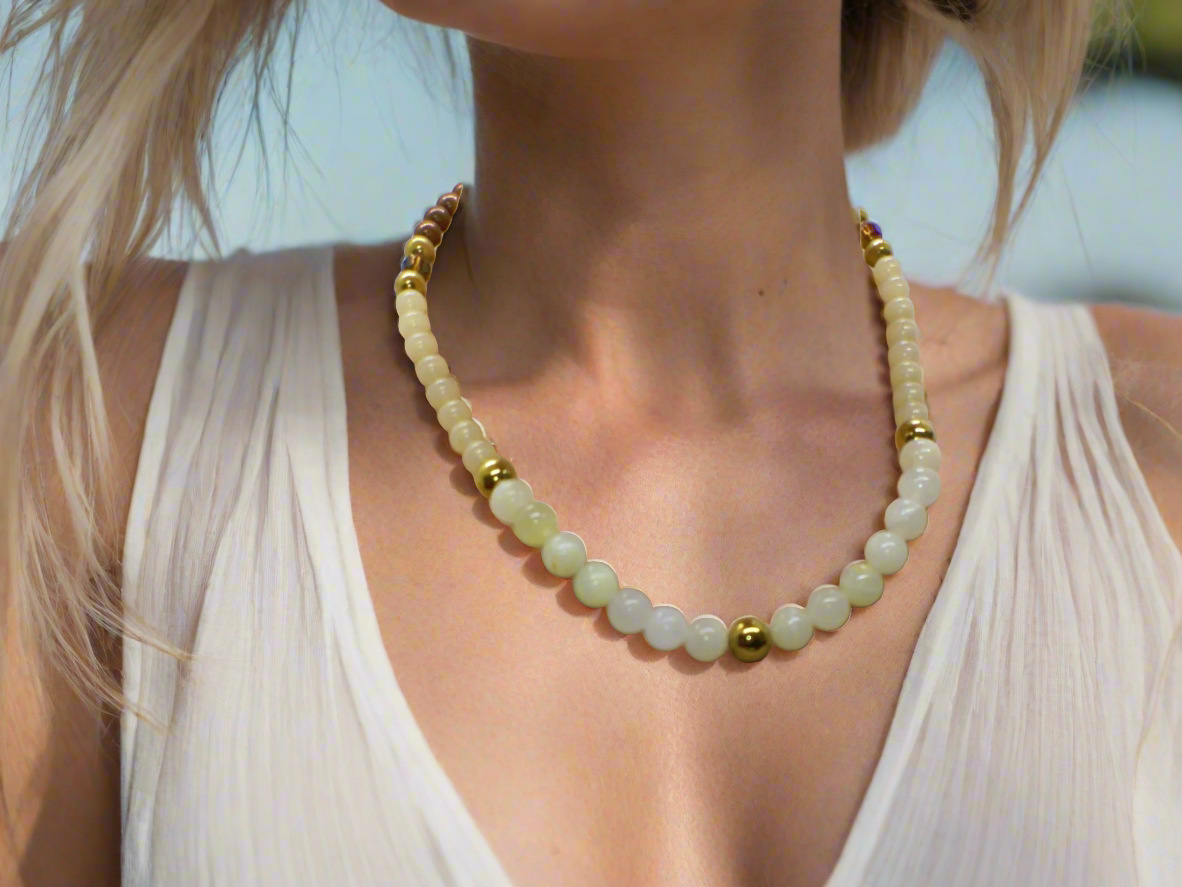 Elegant Ivory and Brown, Czech Crystal, and Gold Hematite Beaded Necklace Set, One-of-a-Kind, handcrafted by Artistry Jewelry