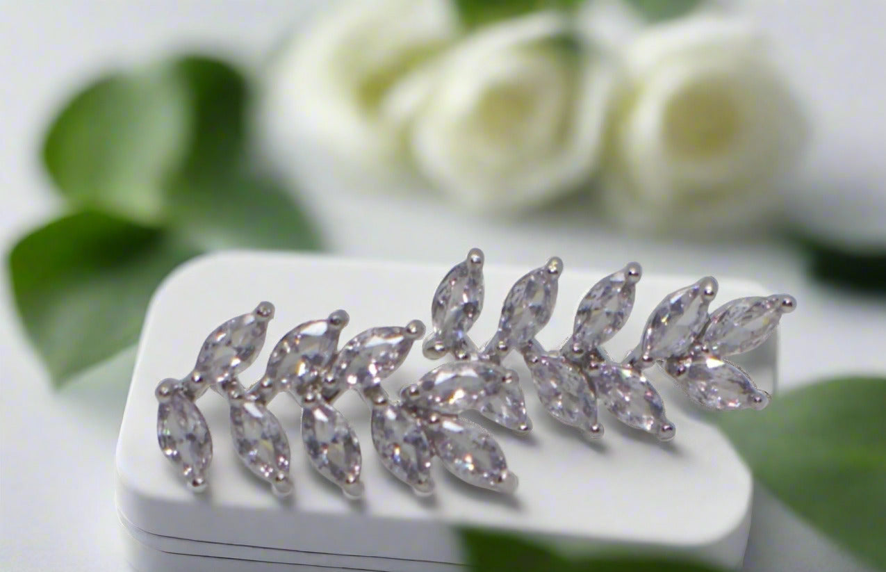 Exquisite Silver Cubic Zirconia Leaf Drop Earrings