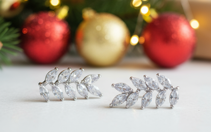 Exquisite Silver Cubic Zirconia Leaf Drop Earrings