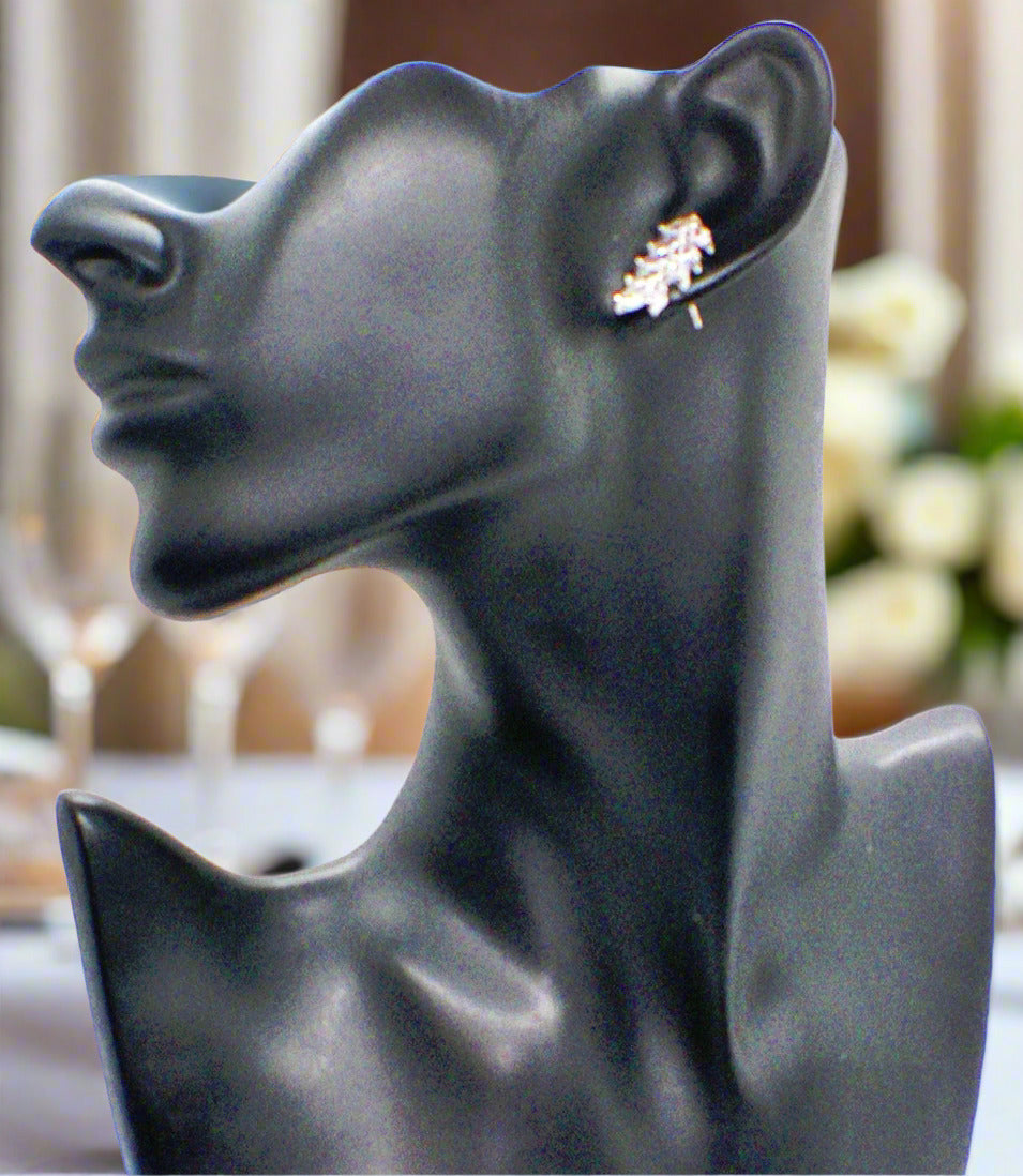 Exquisite Silver Cubic Zirconia Leaf Drop Earrings
