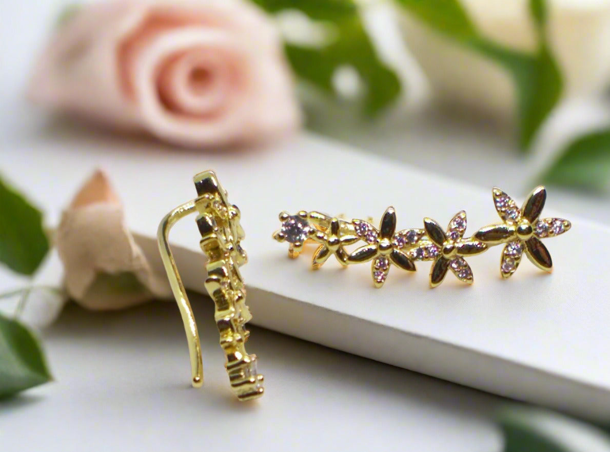 Alluring Cubic Zirconia, Gold Flower Earrings