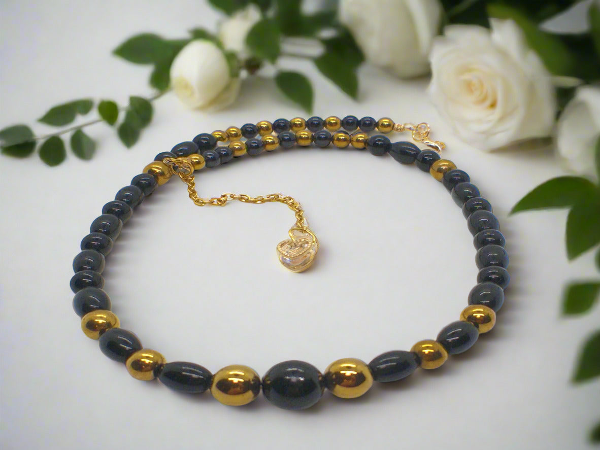 Appealing Black Onyx and Gold Hematite Necklace - handcrafted by Artistry Jewelry
