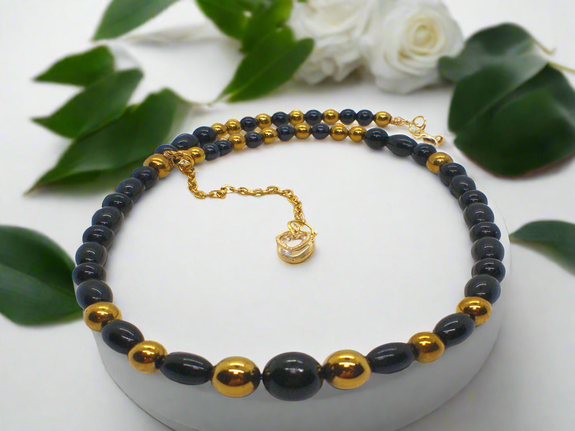 Appealing Black Onyx and Gold Hematite Necklace - handcrafted by Artistry Jewelry