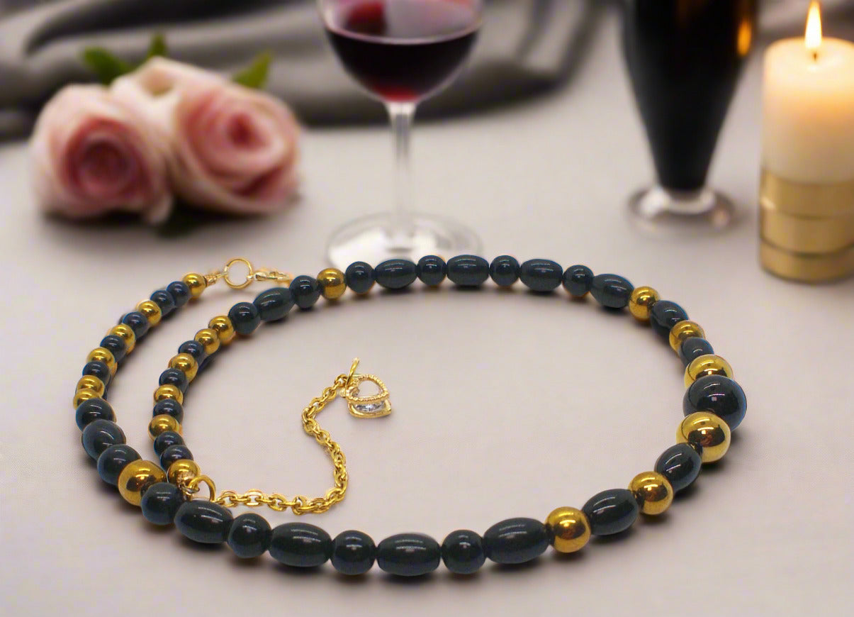 Appealing Black Onyx and Gold Hematite Necklace - handcrafted by Artistry Jewelry