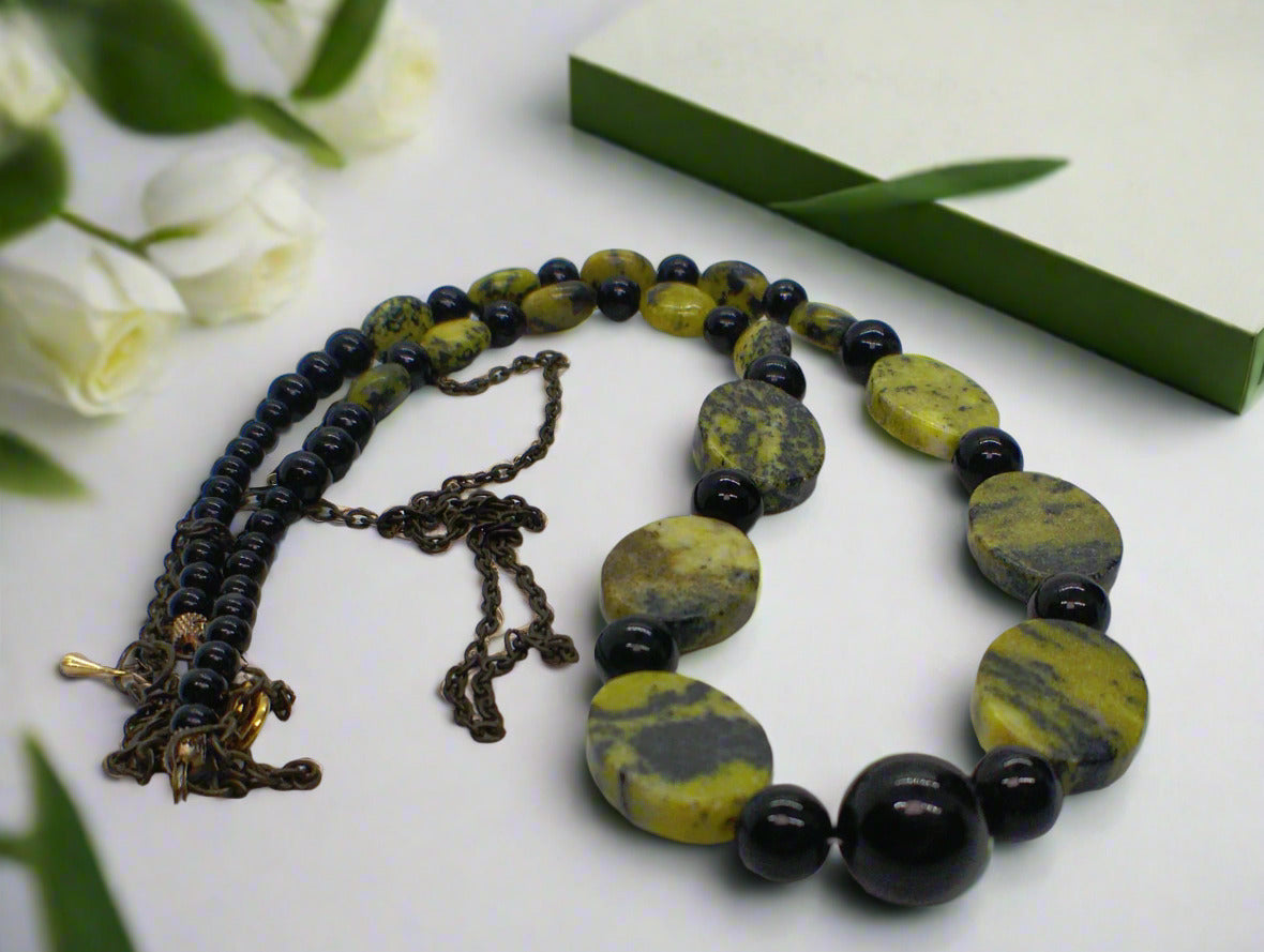 Enchanting Yellow Turquoise and Black Onyx, Semi-precious, One-of-a-Kind Necklace-handcrafted by Artistry Jewelry