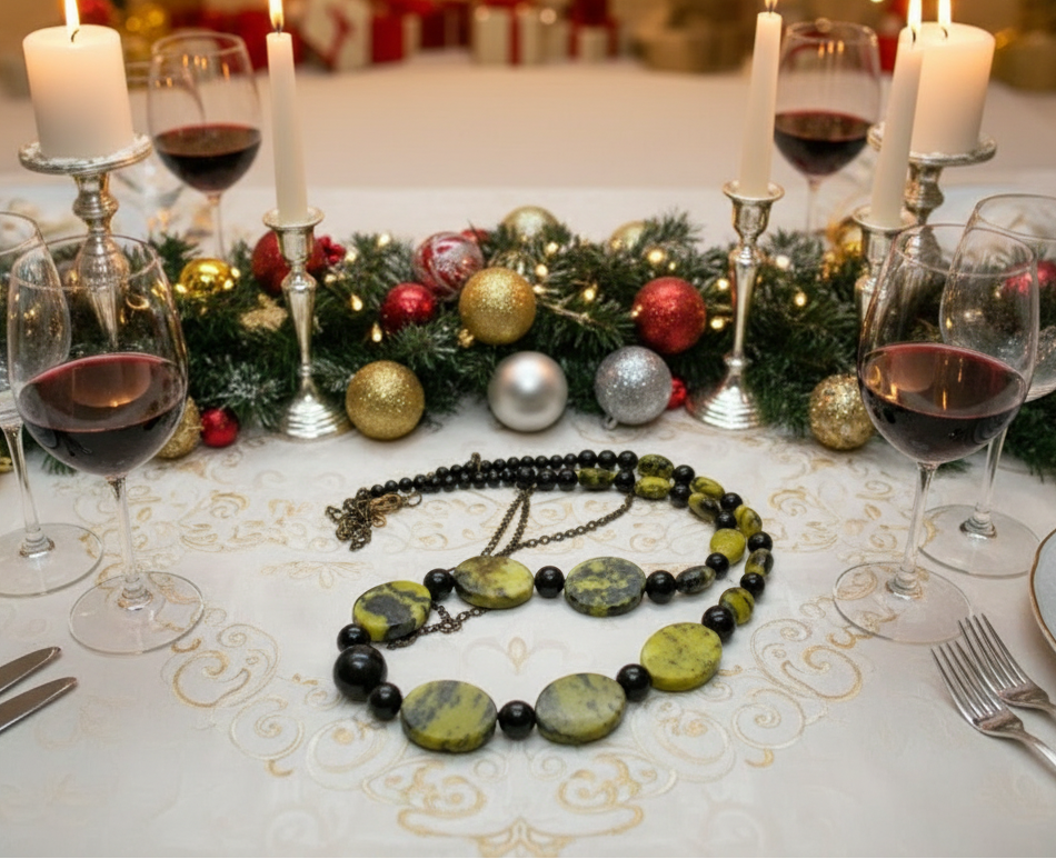 Enchanting Yellow Turquoise and Black Onyx, Semi-precious, One-of-a-Kind Necklace-handcrafted by Artistry Jewelry