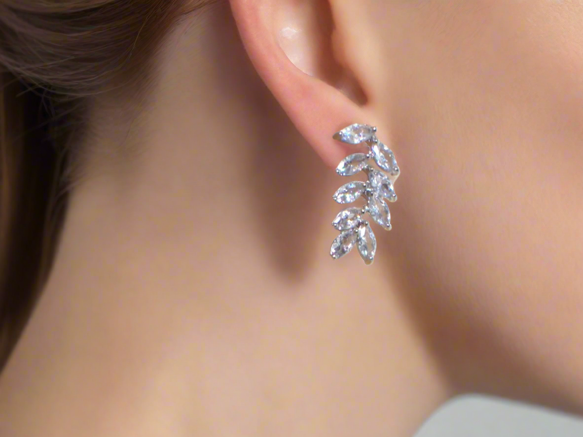 Exquisite Silver Cubic Zirconia Leaf Drop Earrings