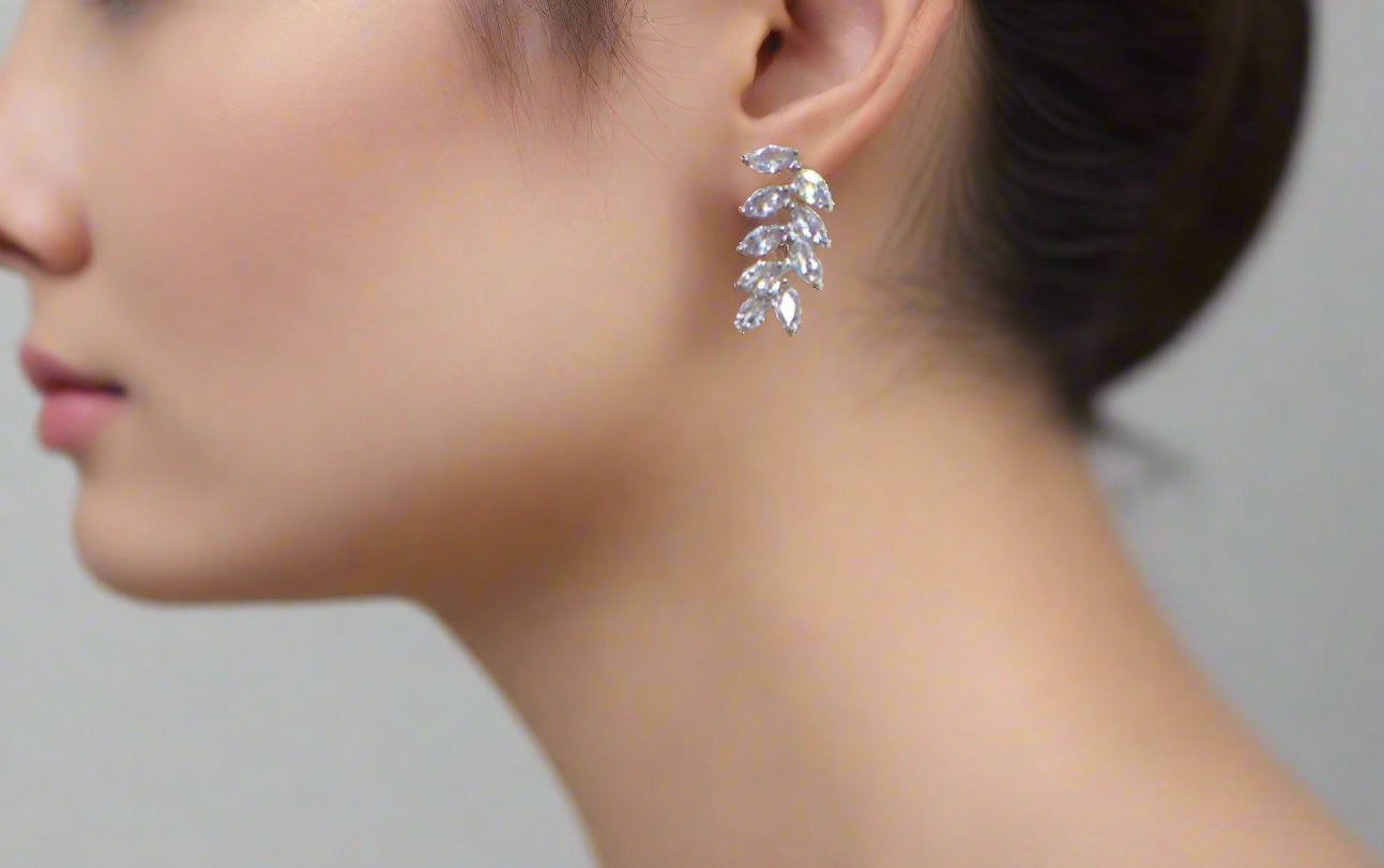 Exquisite Silver Cubic Zirconia Leaf Drop Earrings