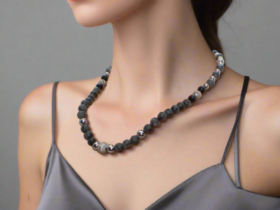 Ravishing Natural Labradorite, Cubic Zirconia, and Crystal Beaded Necklace by Artistry Jewelry