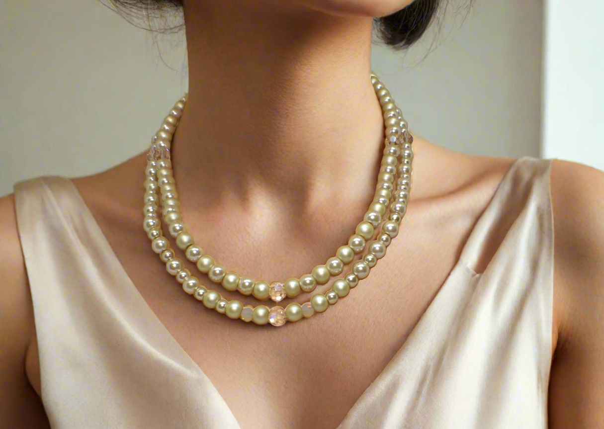 Radiant Crystal and Beige Matt Beads, Two-strand Beaded Necklace