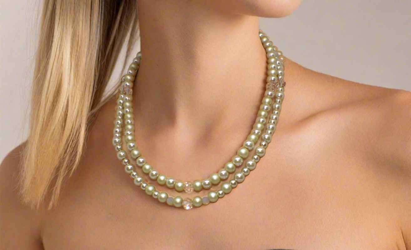 Radiant Crystal and Beige Matt Beads, Two-strand Beaded Necklace