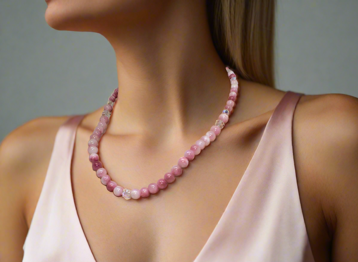 Lovely Pink and White Jasper & Crystal Beaded Necklace - handcrafted by Artistry Jewelry