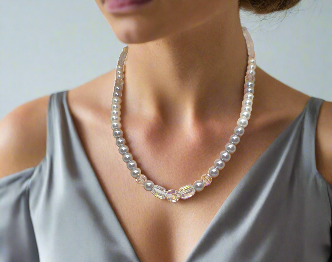 Beautiful Pearl Silver Beads with Graphic Crystals, One-of-a-Kind, Beaded Necklace - handcrafted by Artistry Jewelry