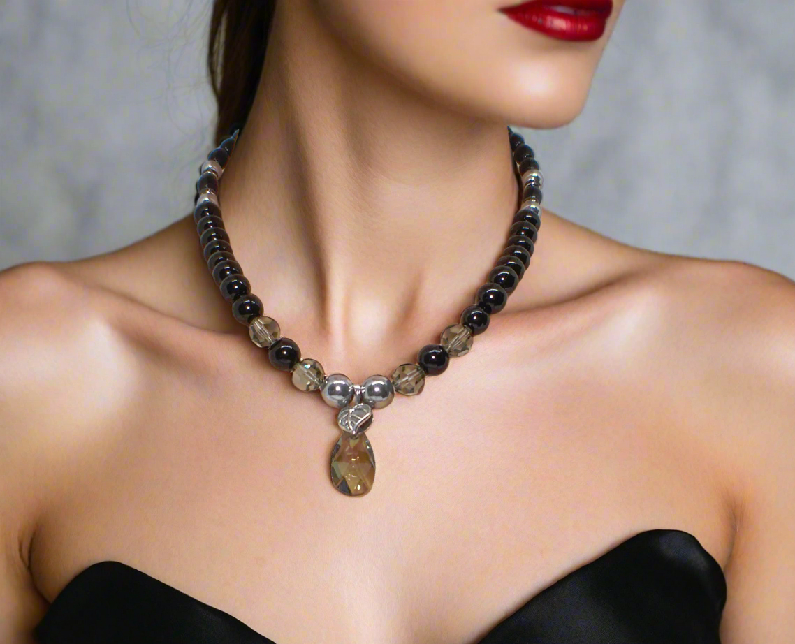 Gorgeous Black Diamond Crystals, Cubic Zirconia, and Black Pearl Beads, One-of-a-Kind Beaded Necklace - handcrafted by Artistry Jewelry
