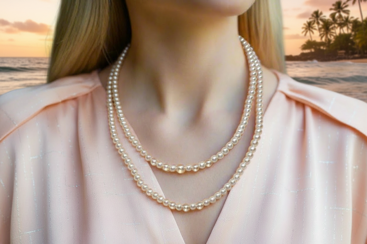 Beautiful Light Peach, Stardust, and Pearl, Two-Strand Beaded Necklace handcrafted by Artistry Jewelry