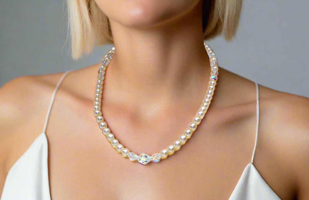 Precious Light Peach, Silver, Crystal and Pearl Beaded Necklace handcrafted by Artistry Jewelry