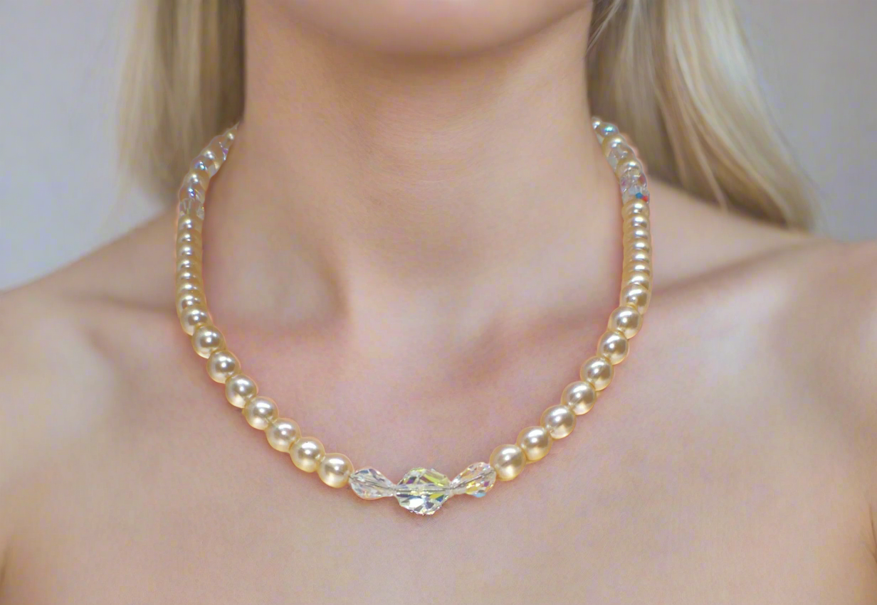Precious Light Peach, Silver, Crystal and Pearl Beaded Necklace handcrafted by Artistry Jewelry