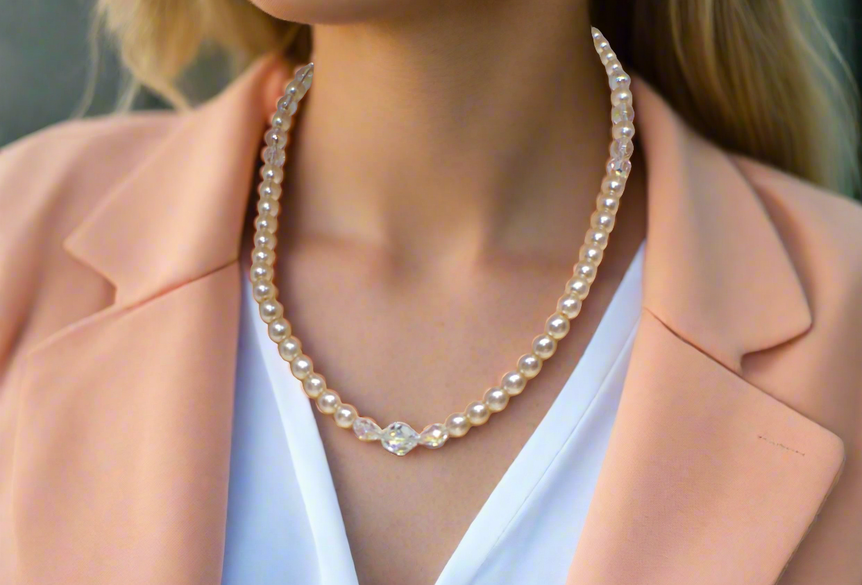 Precious Light Peach, Silver, Crystal and Pearl Beaded Necklace handcrafted by Artistry Jewelry