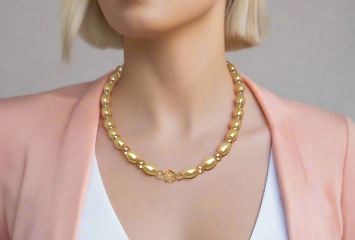 Sweet Golden Shadow Crystals, Light Peach/Champagne Beaded Necklace Set-crafted by Artistry Jewelry