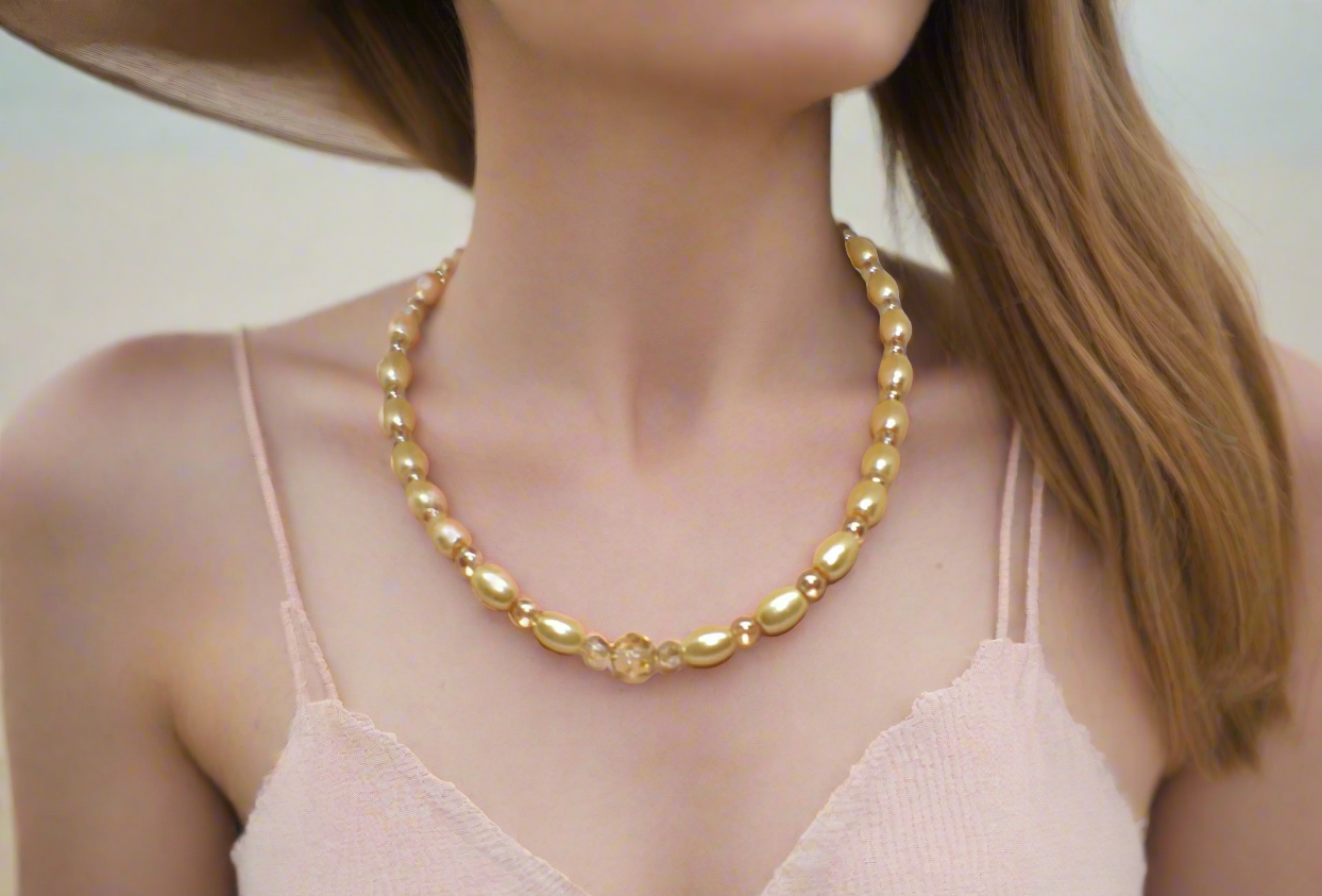 Sweet Golden Shadow Crystals, Light Peach/Champagne Beaded Necklace Set-crafted by Artistry Jewelry