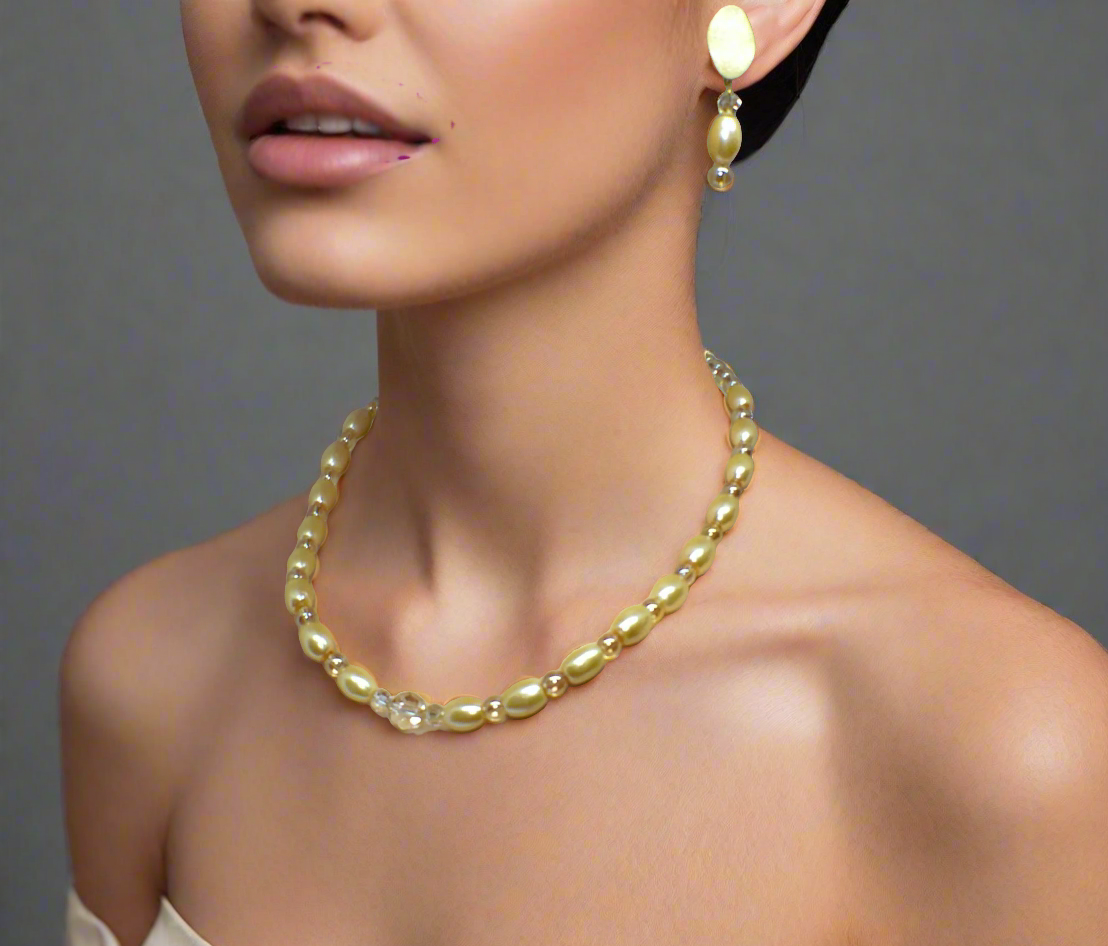 Sweet Golden Shadow Crystals, Light Peach/Champagne Beaded Necklace Set-crafted by Artistry Jewelry