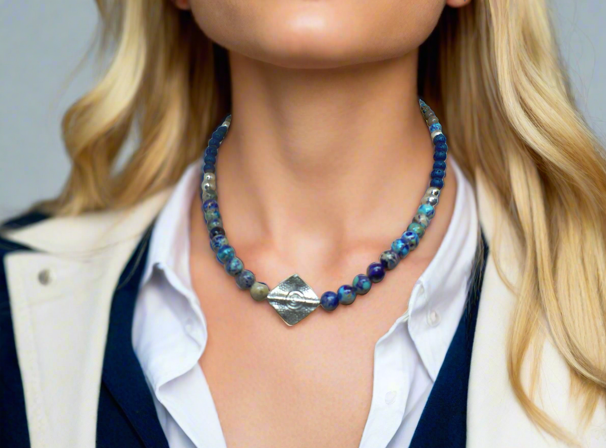 Stunning Natural Sea Blue Imperial Jasper, Lava beads and Silver Hematite, Semi-precious, Beaded Necklace Set - handcrafted by Artistry Jewelry