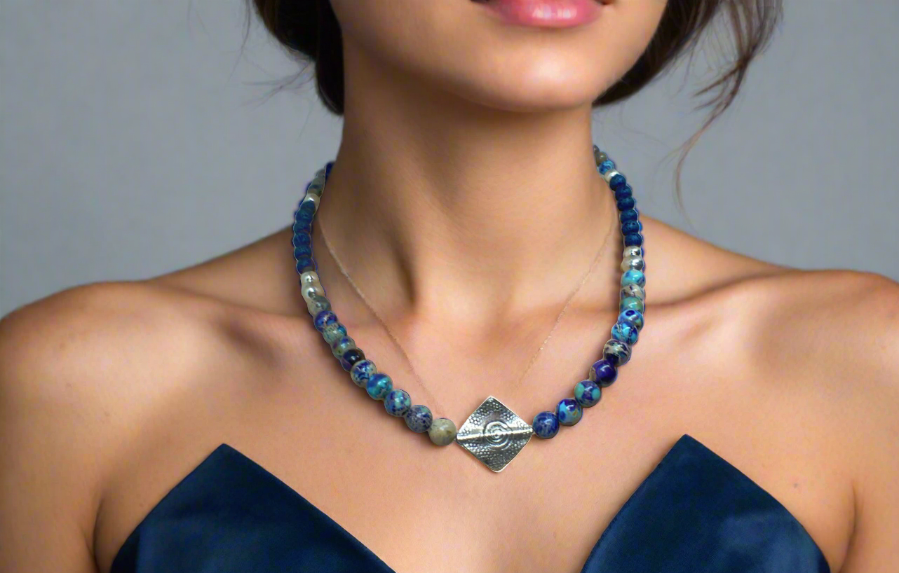 Stunning Natural Sea Blue Imperial Jasper, Lava beads and Silver Hematite, Semi-precious, Beaded Necklace Set - handcrafted by Artistry Jewelry