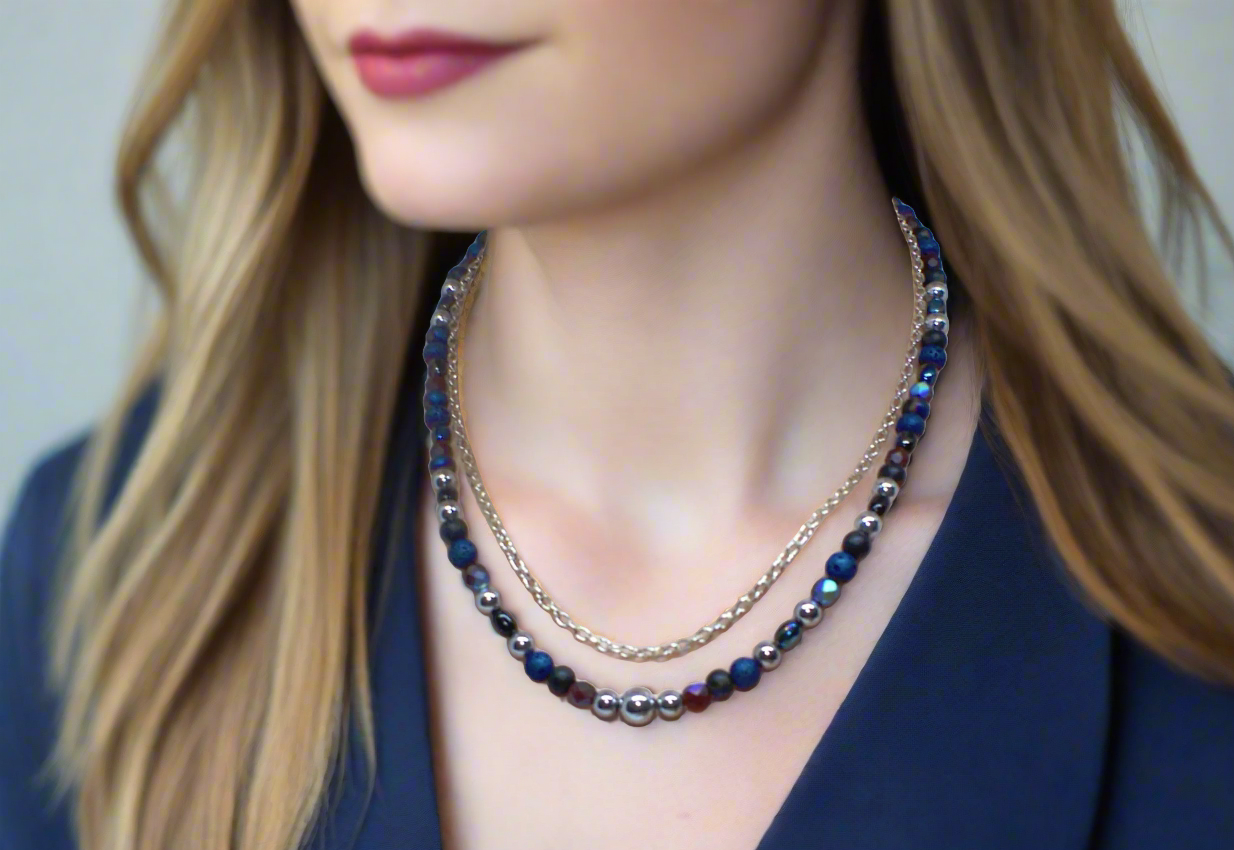Radiant Blue Natural Lava and Hematite Beaded Two-Strand Necklace