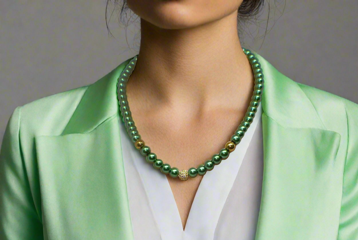 Stunning Cubic Zirconia, Czech Green Satin Beads, and Gold Hematite, Beaded Necklace, One-of-a-Kind, Crafted by Artistry Jewelry